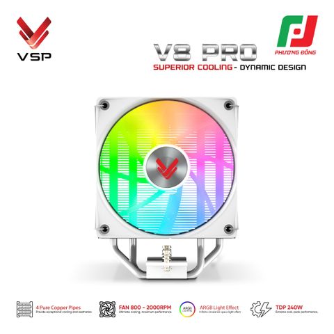  TẢN NHIỆT KHÍ VSP V8 PRO WHITE/ BLACK (LED MONITOR/ ARGB/ 4 PIPES/ 1 FAN/ 240W) 