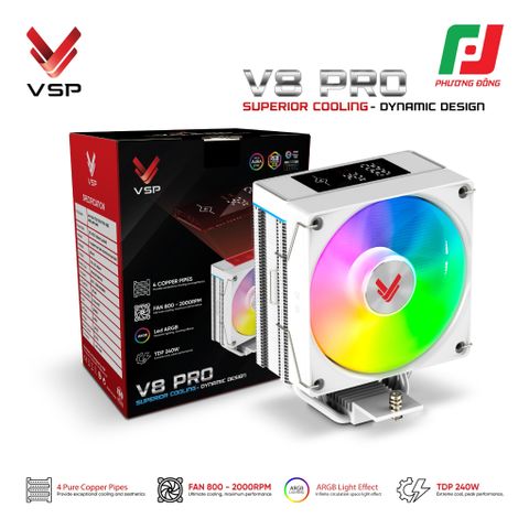  TẢN NHIỆT KHÍ VSP V8 PRO WHITE/ BLACK (LED MONITOR/ ARGB/ 4 PIPES/ 1 FAN/ 240W) 