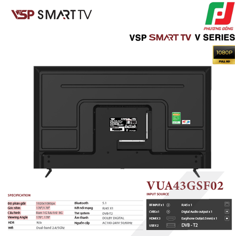  SMART TIVI VSP VUA43GSF02 - GOOGLE TV/ 43 INCH/ FHD 