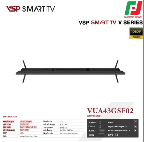  SMART TIVI VSP VUA43GSF02 - GOOGLE TV/ 43 INCH/ FHD 