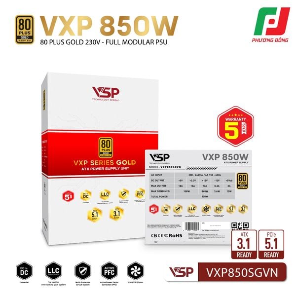  BỘ NGUỒN MÁY TÍNH VSP VXP850SGVN TRẮNG (850W|80 PLUS GOLD| FULL MODULAR| ATX 3.1) 