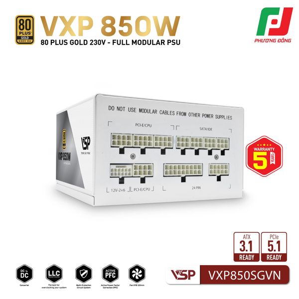  BỘ NGUỒN MÁY TÍNH VSP VXP850SGVN TRẮNG (850W|80 PLUS GOLD| FULL MODULAR| ATX 3.1) 