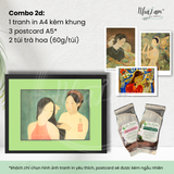  Set quà tặng by NhãLam Art Combo Tranh in phong cách Indochine, 3 postcard, 2 trà hoa 