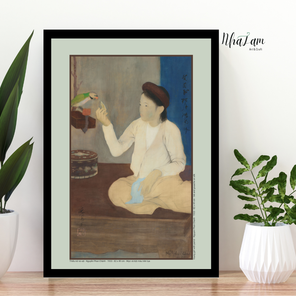  Tranh In Khổ A4 Thiếu nữ và vẹt, Nguyễn Phan Chánh, Nghệ Thuật Đông Dương, gồm khung và giấy chứng nhận 