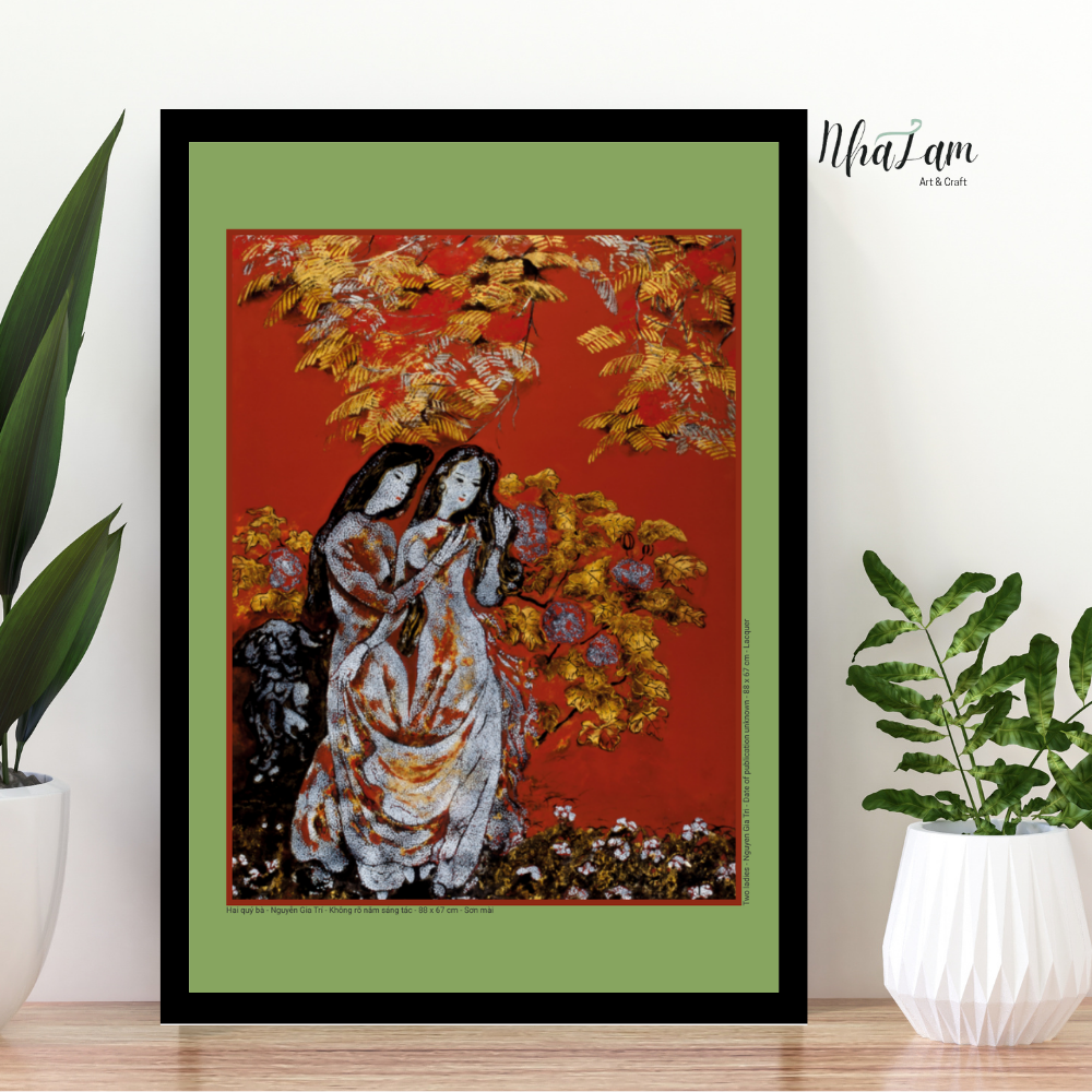  Tranh In Khổ A4 Hai thiếu nữ, Nguyễn Gia Trí, Nghệ Thuật Đông Dương, gồm khung và giấy chứng nhận 