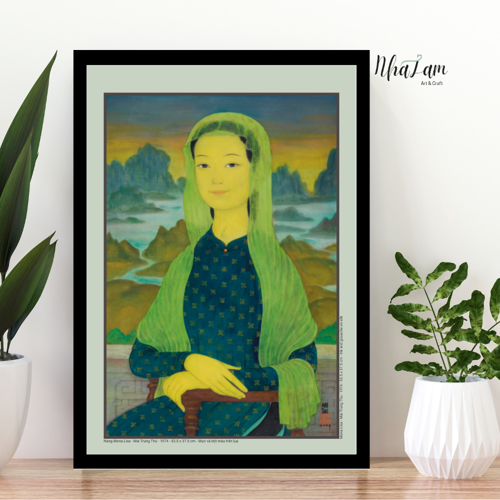  Tranh in Khổ A4 Nàng Mona Lisa, Mai Thứ, Nghệ Thuật Đông Dương, gồm khung và giấy chứng nhận 
