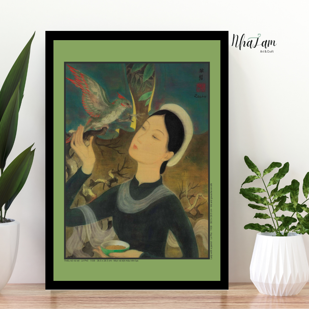  Tranh in Khổ A4 Thiếu nữ và vẹt, Lê Phổ, Nghệ Thuật Đông Dương, gồm khung và giấy chứng nhận 