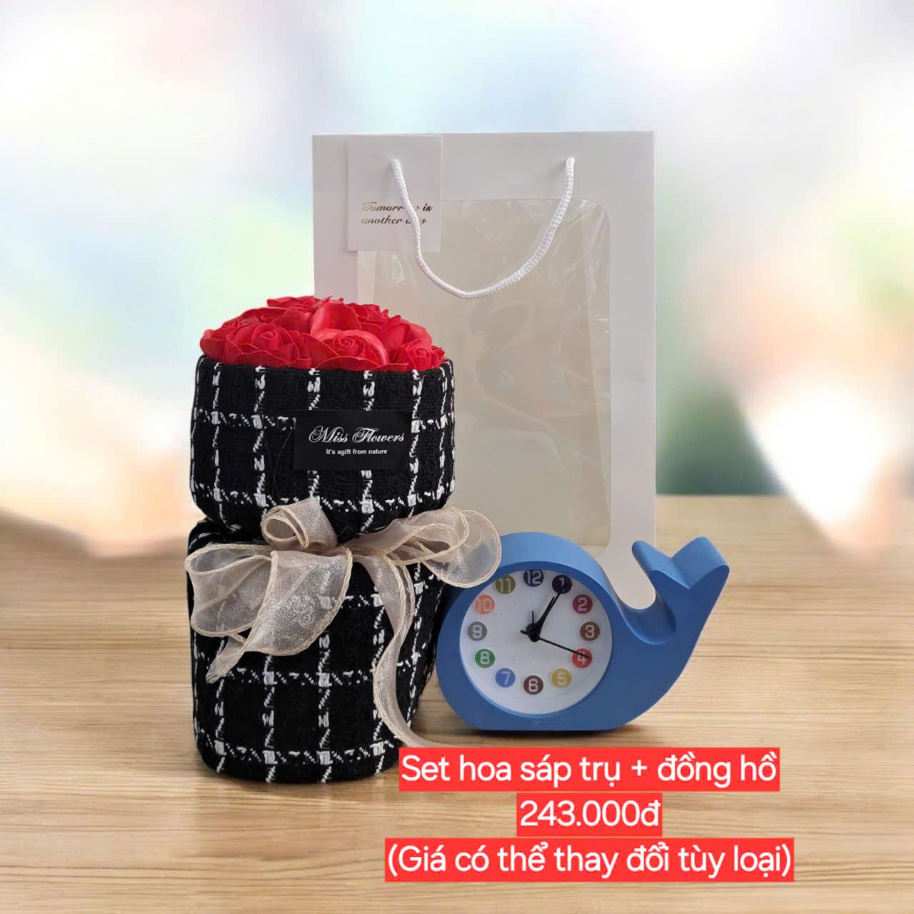  Set Hoa Sáp Trụ + Đồng Hồ Trang Trí 