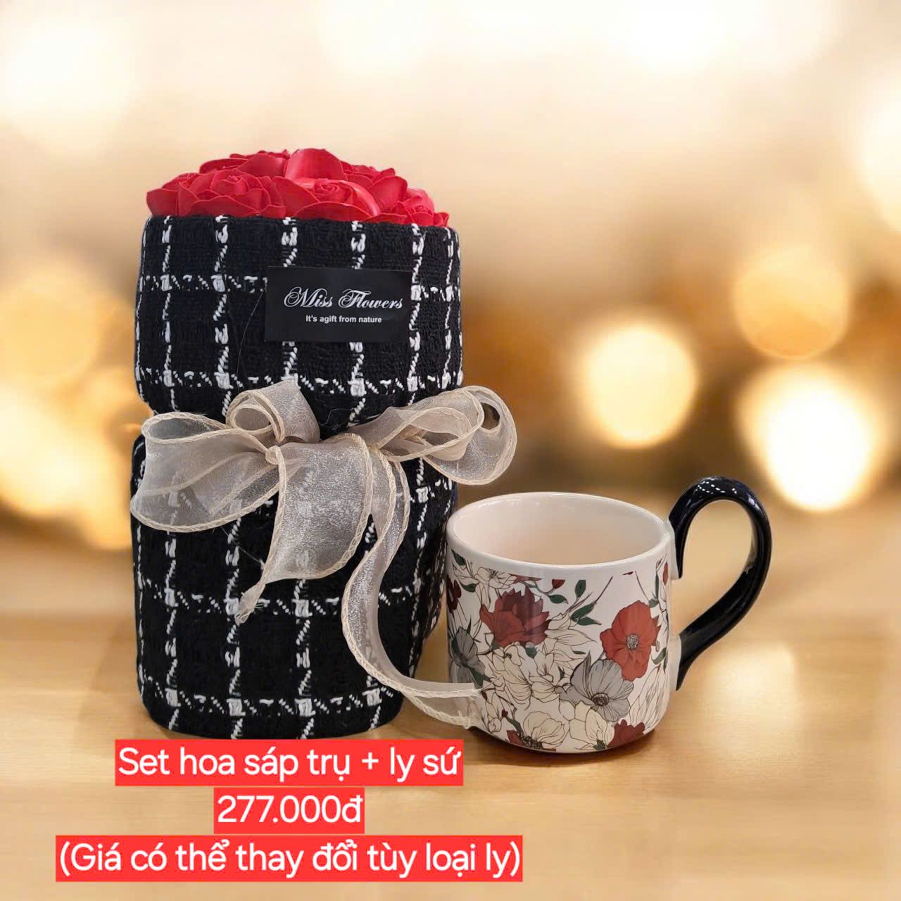  Set hoa sáp trụ + ly sứ hoa 