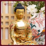  Tượng Phật Thích Ca Đồng Mạ Vàng, Cẩn Đá Thủ Công [Kim Cương Hỷ Lạc] Tượng Thích Ca Nepal Hiếm Có 