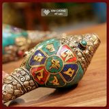  Ốc Pháp Loa Nepal [Kim Cương Hỷ Lạc] Ốc Pháp Nạm Bạc Cẩn Đá Cao Cấp 