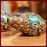  Ốc Pháp Loa Nepal [Kim Cương Hỷ Lạc] Ốc Pháp Nạm Bạc Cẩn Đá Cao Cấp 