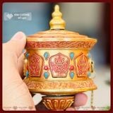  Kinh Luân Xoay, Cầm Tay [Kim Cương Hỷ Lạc] Họa Tiết Bát Cát Tường, Đồng Đỏ Cán Gỗ Cao Cấp Size 28cm 