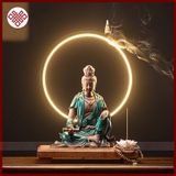  Tượng Quan Âm Tự Tại Mật Tông [Kim Cương Hỷ Lạc] Gốm Màu Xanh 