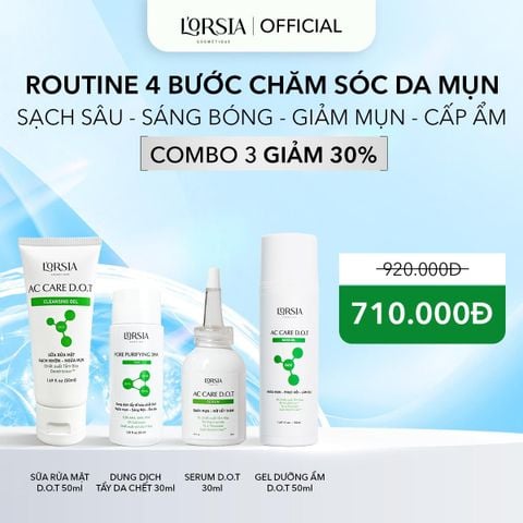  Routine chăm sóc da 4 bước sạch sâu, sạch mụn,  mờ vết thâm, sáng bóng: Sữa rửa mặt sạch sâu, ngừa mụn D.O.T 50ml, Dung dịch tẩy da chết 3in1 30ml, Serum sạch mụn, mờ vết thâm D.O.T 30ml, Gel dưỡng ẩm D.O.T 30ml 
