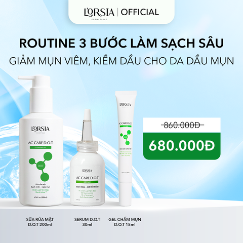  Routine 3 Bước Làm Sạch Sâu, Giảm Mụn Viêm, Kiềm Dầu Cho Da Dầu Mụn L’ORSIA – SRM D.O.T 200ml + Serum D.O.T 30ml + Gel Chấm Mụn D.O.T 15ml 