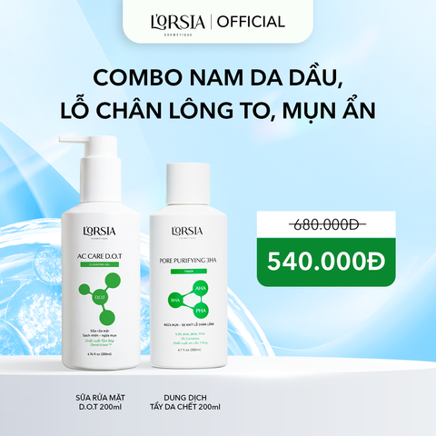  Combo Nam Da Dầu, Lỗ Chân Lông To, Mụn Ẩn L’ORSIA – SRM D.O.T 200ml + Toner 3HA 200ml 