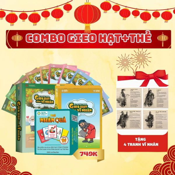 Combo Gieo Hạt Cùng Vĩ Nhân Bộ 1 + Bộ 2 + Thẻ Nhân Quả + Tặng Tranh Vĩ Nhân Việt Nam 4 Tấm