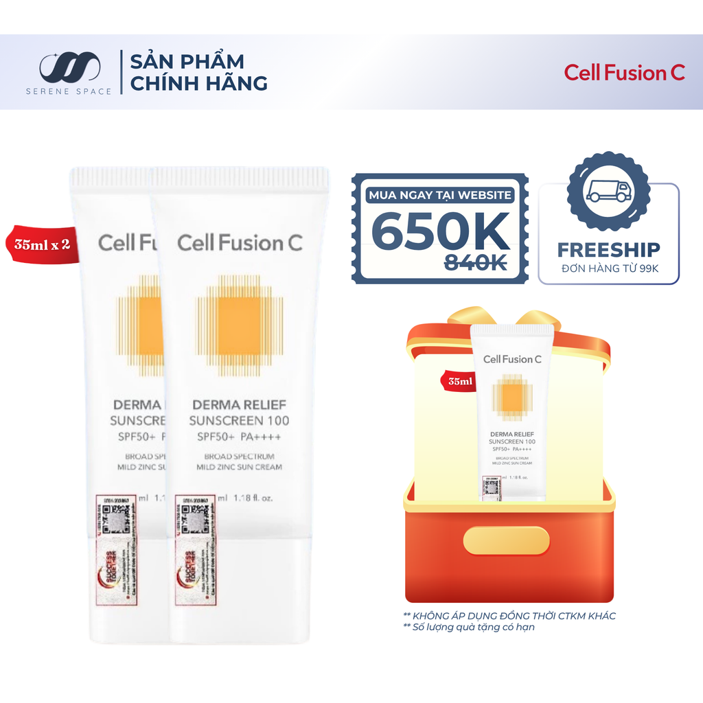 Kem Chống Nắng Thuần Vật Lý An Toàn Cho Mẹ Bầu & Em Bé Cell Fusion C Derma Relief Sunscreen 100 SPF 50+ PA++++ Serene Space Sản Phẩm Chính Hãng