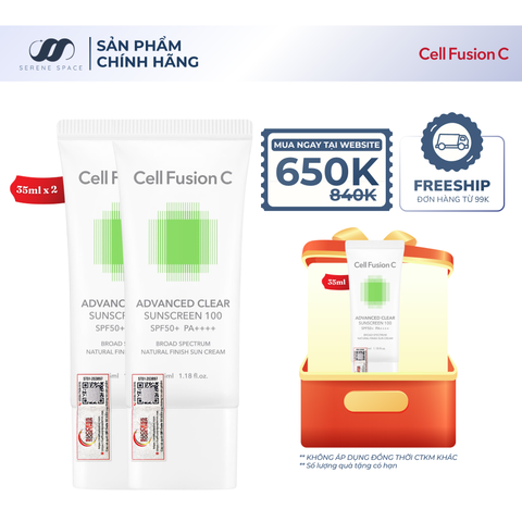 Kem Chống Nắng Phổ Rộng Kiểm Soát Dầu Mụn Cell Fusion C Advanced Clear Sunscreen 100 SPF50+ PA++++ Serene Space Sản Phẩm Chính Hãng