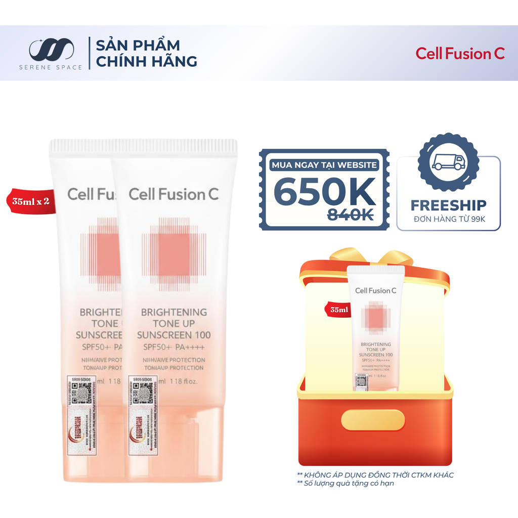 Kem Chống Nắng Nâng Tone Ráo Mịn Kiềm Dầu Cell Fusion C Brightening Tone Up Sunscreen 100 SPF50+ PA ++++ Serene Space Sản Phẩm Chính Hãng