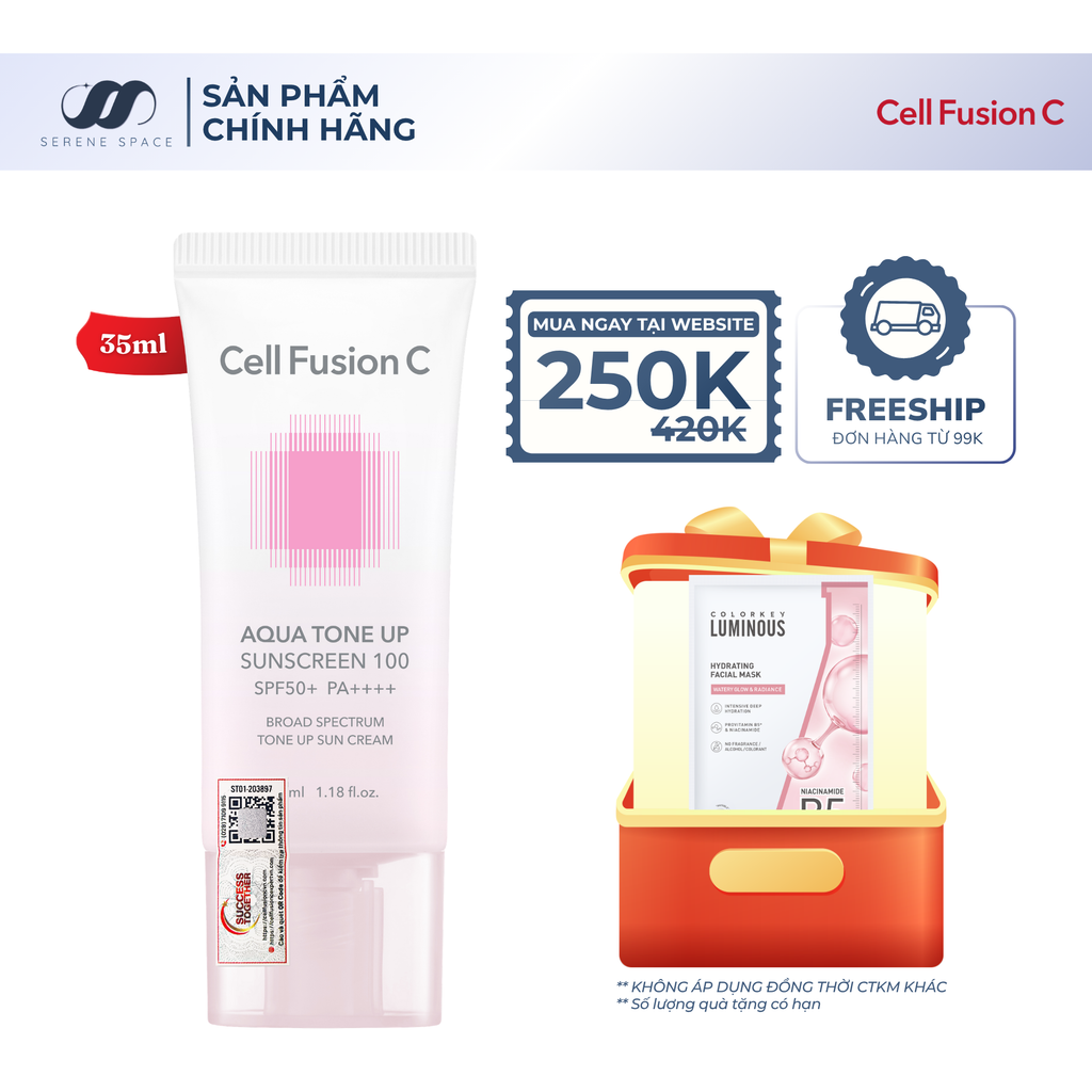 Kem Chống Nắng Nâng Tone Cấp Ẩm Căng Bóng Cho Mọi Loại Da Cell Fusion C Aqua Tone Up 100 Sunscreen SPF 50+ PA++++ Serene Space Sản Phẩm Chính Hãng