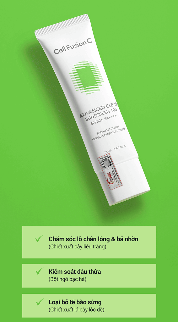 Kem Chống Nắng Phổ Rộng Kiểm Soát Dầu Mụn Cell Fusion C Advanced Clear Sunscreen 100 SPF50+ PA++++ Serene Space Sản Phẩm Chính Hãng