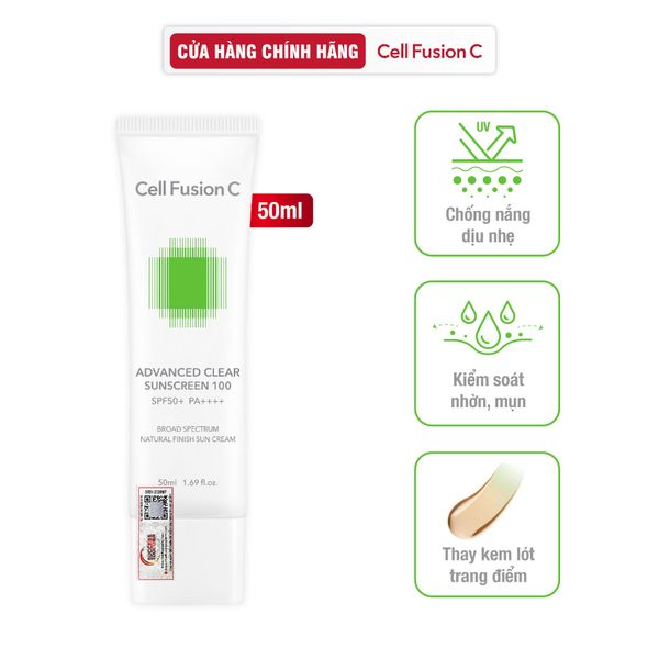 Kem Chống Nắng Phổ Rộng Kiểm Soát Dầu Mụn Cell Fusion C Advanced Clear Sunscreen 100 SPF50+ PA++++