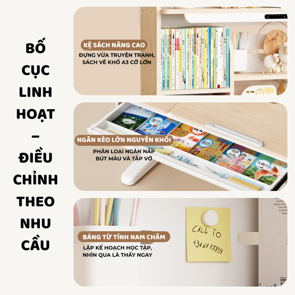 Bộ bàn ghế học sinh thông minh Suri cao cấp – Tích hợp đèn LED, giá sách, ghế công thái học, điều chỉnh đa năng, chống gù chống cận