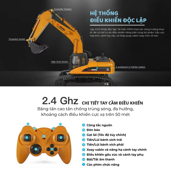 Máy xúc điều khiển từ xa cho bé – Xe công trình mô phỏng, cần xúc linh hoạt, đồ chơi nhập vai công trường