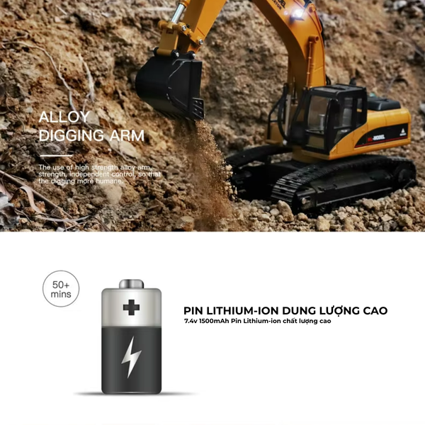 Máy xúc điều khiển từ xa cho bé – Xe công trình mô phỏng, cần xúc linh hoạt, đồ chơi nhập vai công trường