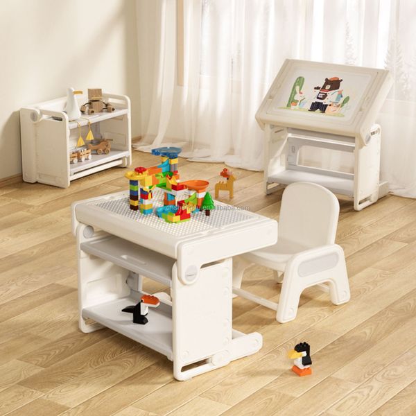 Bộ bàn ghế xếp thông minh T2 – Thiết kế gấp gọn, màu trắng xám Đa năng: lắp ghép, vẽ, cất đồ, chơi
