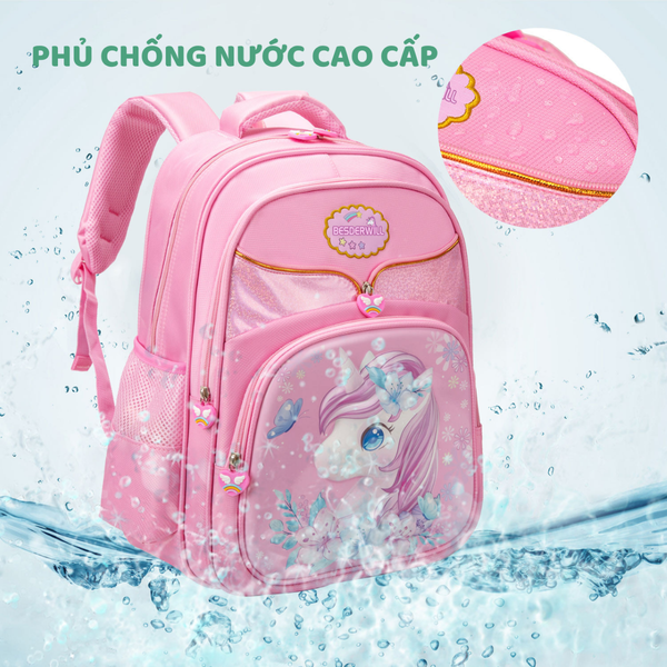Balo học sinh in hình kỳ lân 3D sống động – Chất liệu chống nước, nhiều ngăn tiện dụng