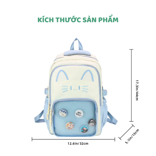 Ba lô học sinh tai mèo trong suốt phong cách kawaii họa tiết cute dễ thương – Nhiều ngăn tiện dụng