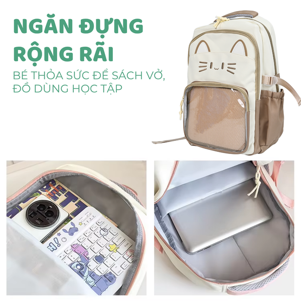 Ba lô học sinh tai mèo trong suốt phong cách kawaii họa tiết cute dễ thương – Nhiều ngăn tiện dụng