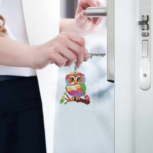 Set 6 móc khóa đính đá DIY hình cú mèo – Bộ thủ công sáng tạo, hạt pha lê lấp lánh, tặng dụng cụ đầy đủ