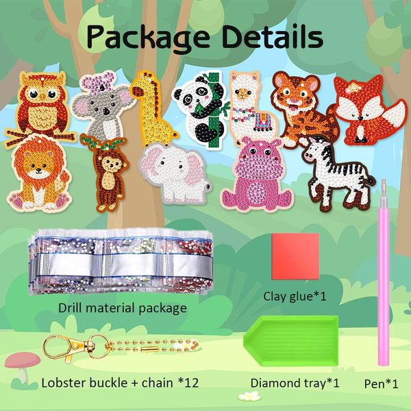 Set 12 móc khóa đính đá DIY mini – Chủ đề lễ hội & động vật dễ thương, tặng kèm dụng cụ thủ công cho bé