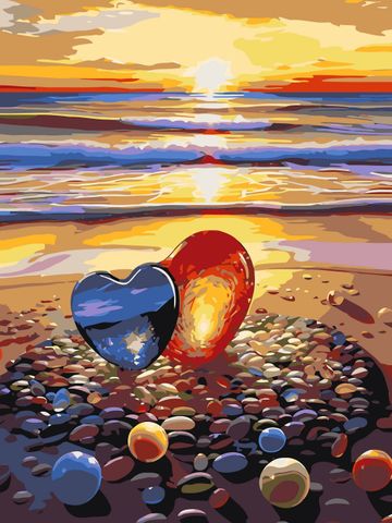 Bộ tranh canvas hai trái tim trên bãi biển hoàng hôn 20 – Tranh tô màu theo số, Không khung, kèm màu, cọ, giấy phác thảo, hình mẫu