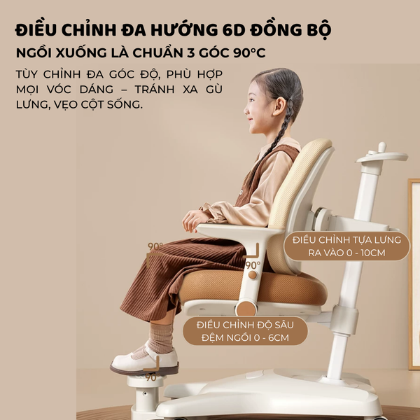 Bộ bàn ghế học sinh thông minh Suri cao cấp – Tích hợp đèn LED, giá sách, ghế công thái học, điều chỉnh đa năng, chống gù chống cận