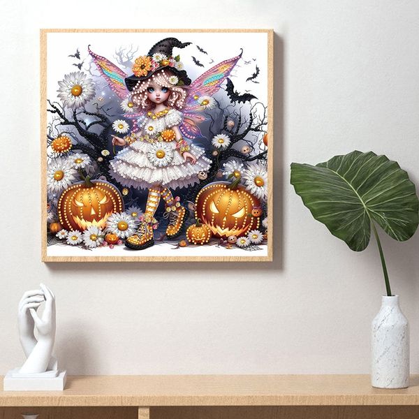 Tranh đính đá 5D Cô Bé Phù Thủy Halloween – Nghệ thuật Fantasy, kích thước 30x30cm, trang trí và quà tặng độc đáo