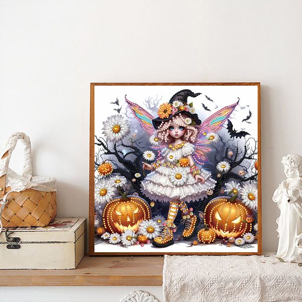 Tranh đính đá 5D Cô Bé Phù Thủy Halloween – Nghệ thuật Fantasy, kích thước 30x30cm, trang trí và quà tặng độc đáo