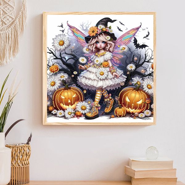 Tranh đính đá 5D Cô Bé Phù Thủy Halloween – Nghệ thuật Fantasy, kích thước 30x30cm, trang trí và quà tặng độc đáo