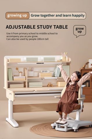 Bộ bàn ghế học sinh thông minh Suri cao cấp – Tích hợp đèn LED, giá sách, ghế công thái học, điều chỉnh đa năng, chống gù chống cận