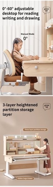 Bộ bàn ghế học sinh thông minh Suri cao cấp – Tích hợp đèn LED, giá sách, ghế công thái học, điều chỉnh đa năng, chống gù chống cận