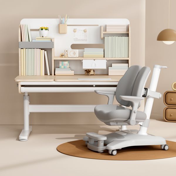 Bộ bàn ghế học sinh thông minh Alpha cao cấp – Kèm giá sách, nâng hạ quay tay, chống gù chống cận cho bé