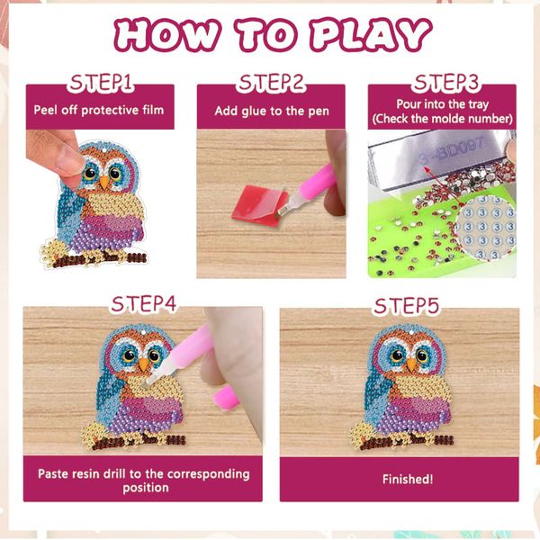 Set 6 móc khóa đính đá DIY hình cú mèo – Bộ thủ công sáng tạo, hạt pha lê lấp lánh, tặng dụng cụ đầy đủ