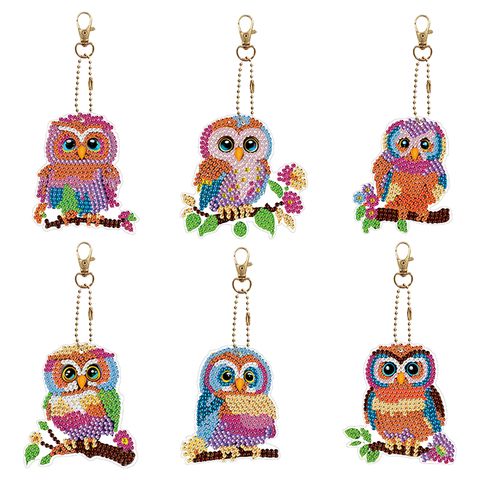 Set 6 móc khóa đính đá DIY hình cú mèo – Bộ thủ công sáng tạo, hạt pha lê lấp lánh, tặng dụng cụ đầy đủ