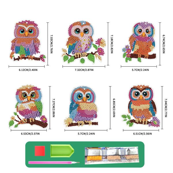 Set 6 móc khóa đính đá DIY hình cú mèo – Bộ thủ công sáng tạo, hạt pha lê lấp lánh, tặng dụng cụ đầy đủ