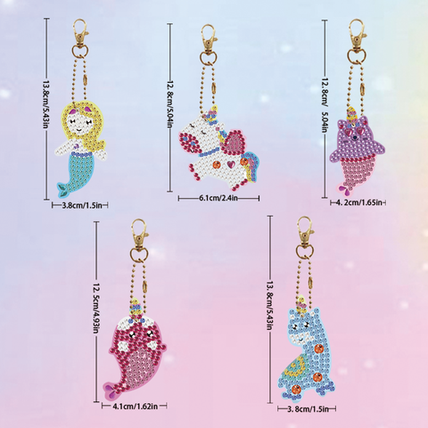 Set 5 móc khóa đính đá DIY mini – Hình thú, nàng tiên cá & bánh cupcake, sáng tạo thủ công cho bé