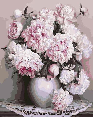 Bộ tranh canvas bình hoa cúc mẫu đơn 06  – Tranh tô màu theo số, Không khung, kèm màu, cọ, giấy phác thảo, hình mẫu